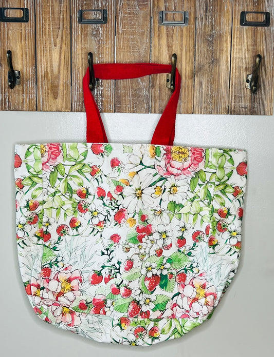 Floral Pink and Red Large Canvas Tote Bag – Strawberry Patch