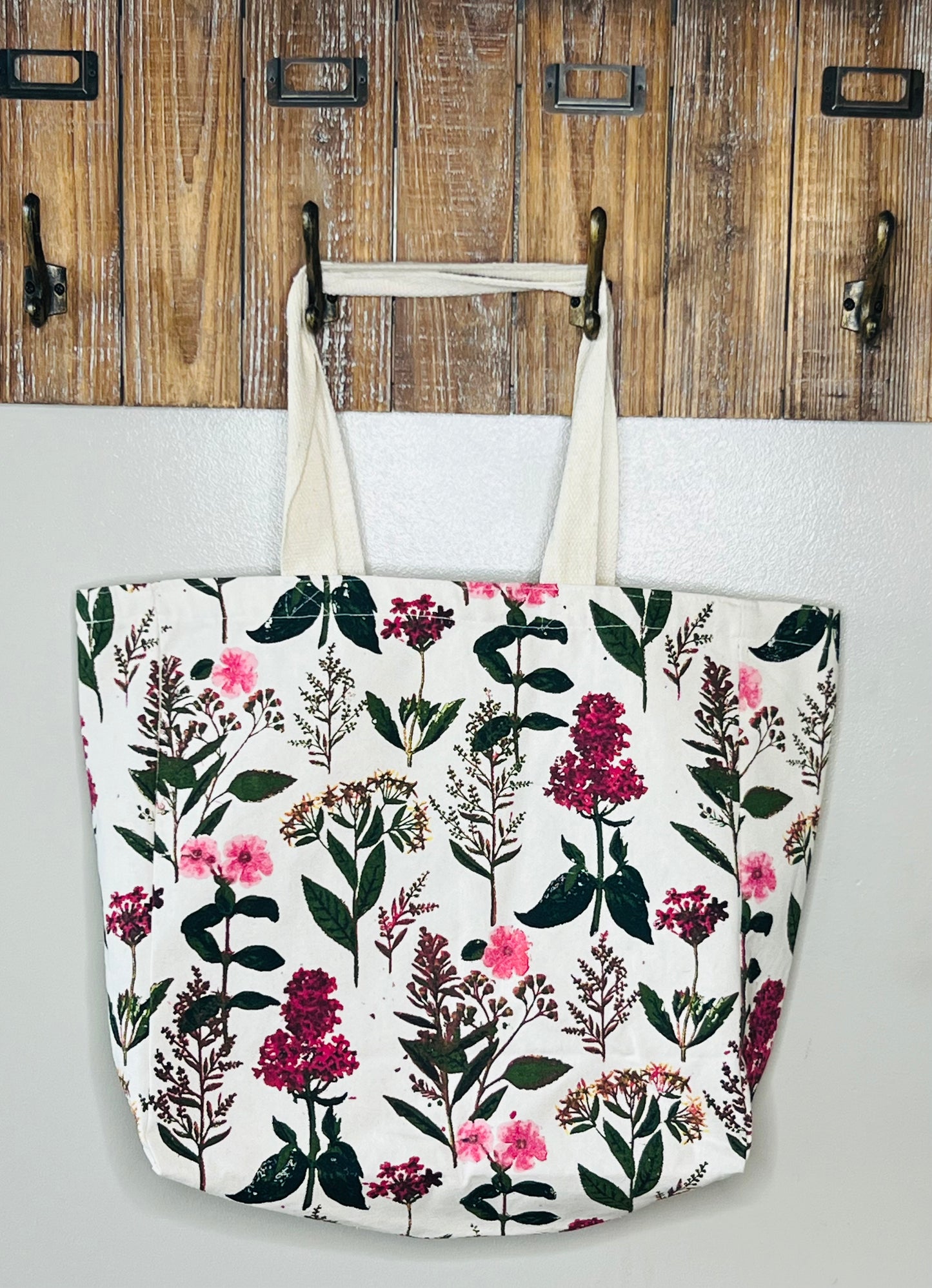 Large Floral Canvas Tote Bag – Pink and Burgundy Flowers