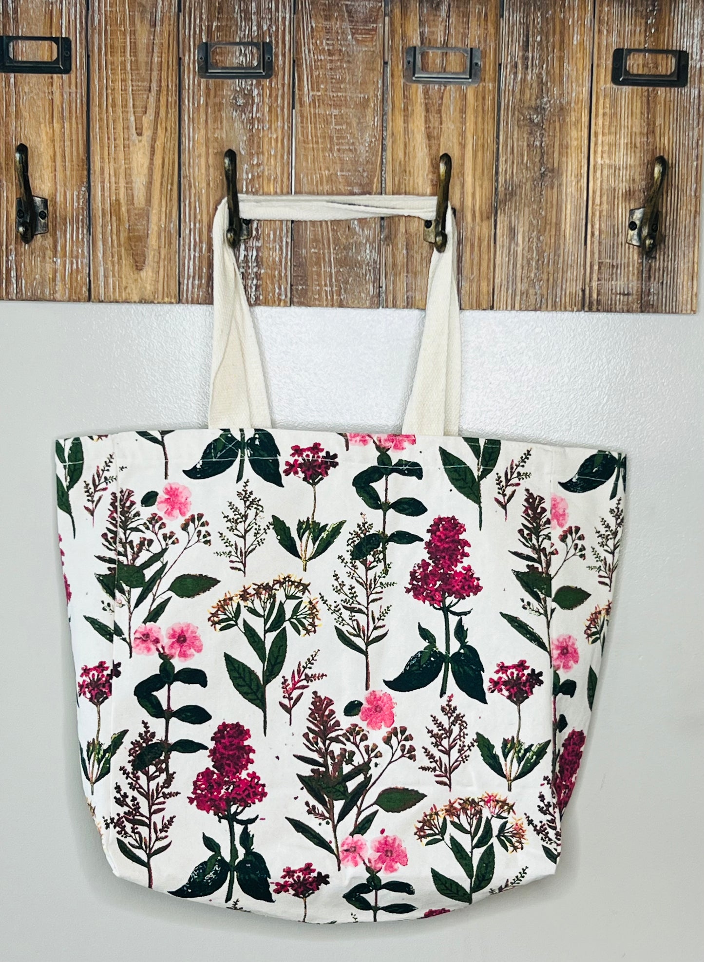 Large Floral Canvas Tote Bag – Pink and Burgundy Flowers