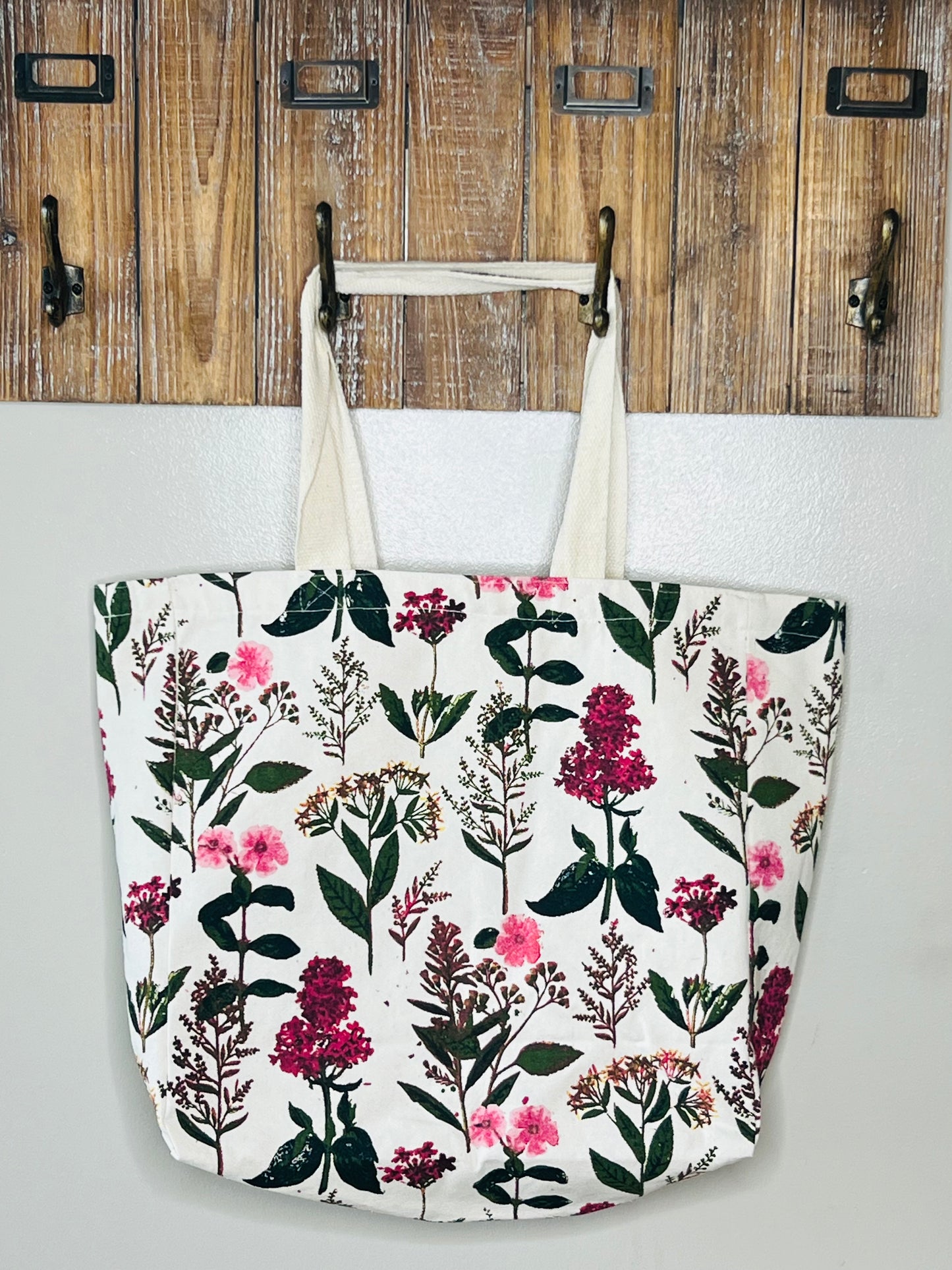Large Floral Canvas Tote Bag – Pink and Burgundy Flowers