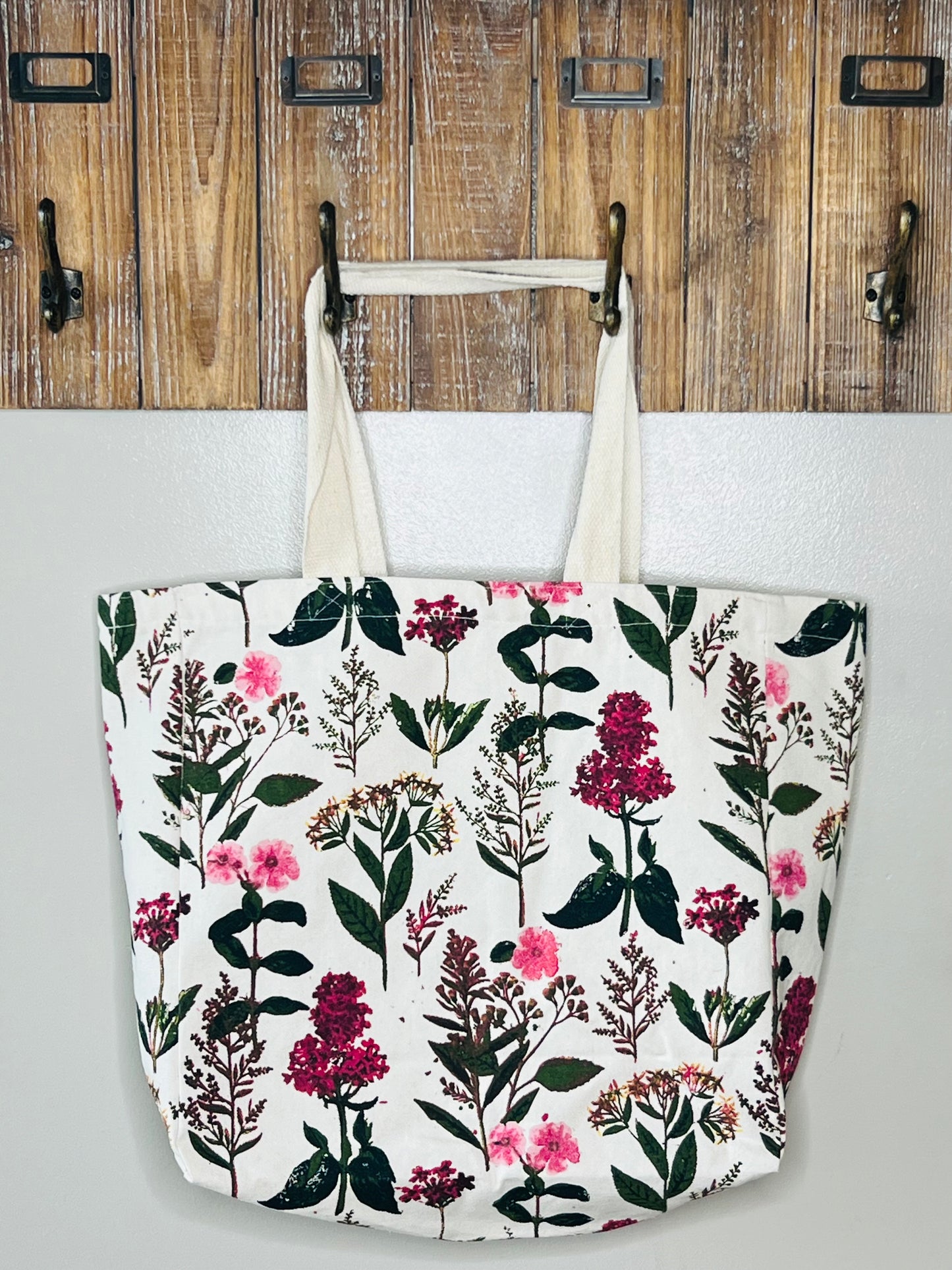 Large Floral Canvas Tote Bag – Pink and Burgundy Flowers