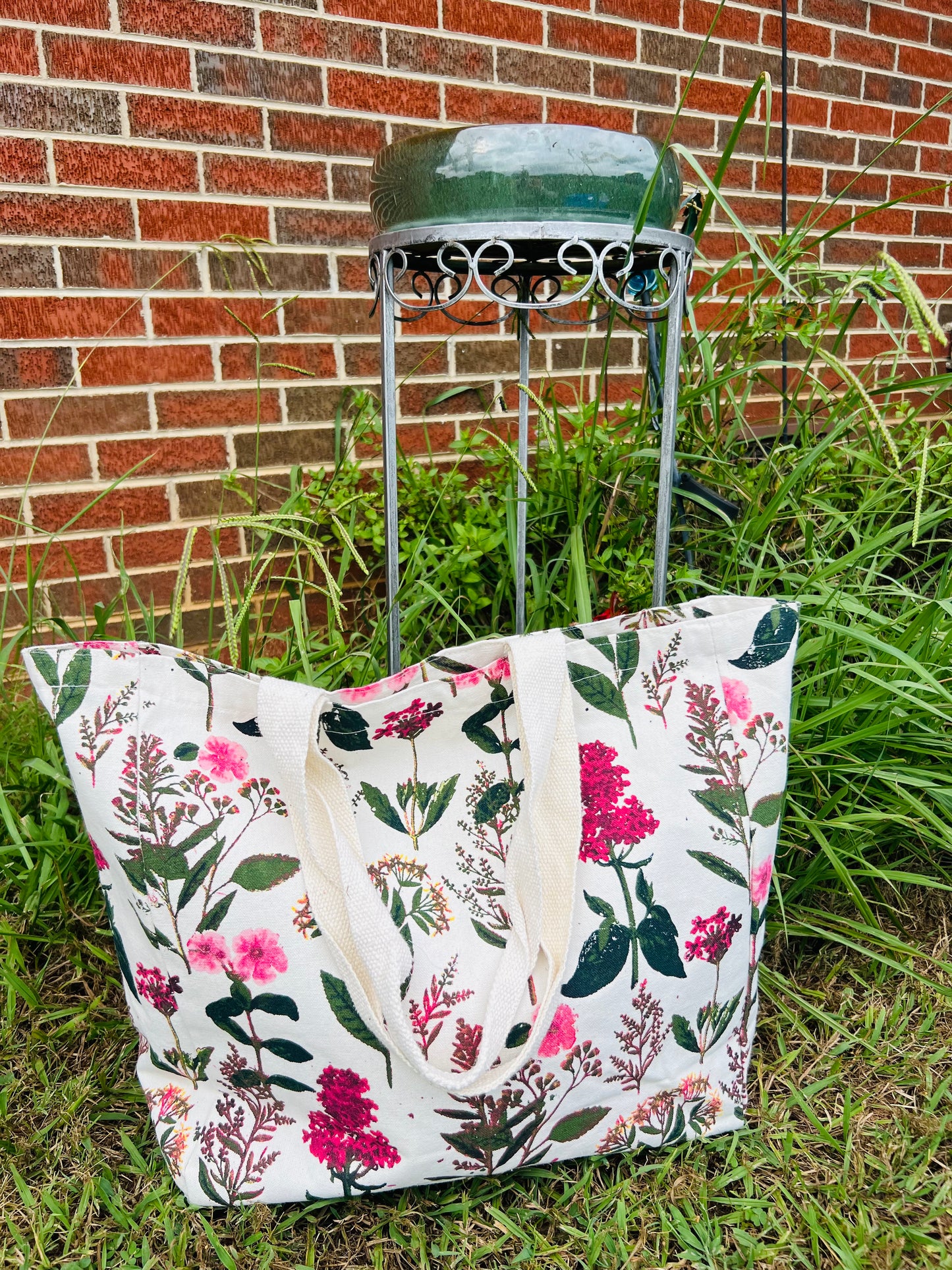 Large Floral Canvas Tote Bag – Pink and Burgundy Flowers