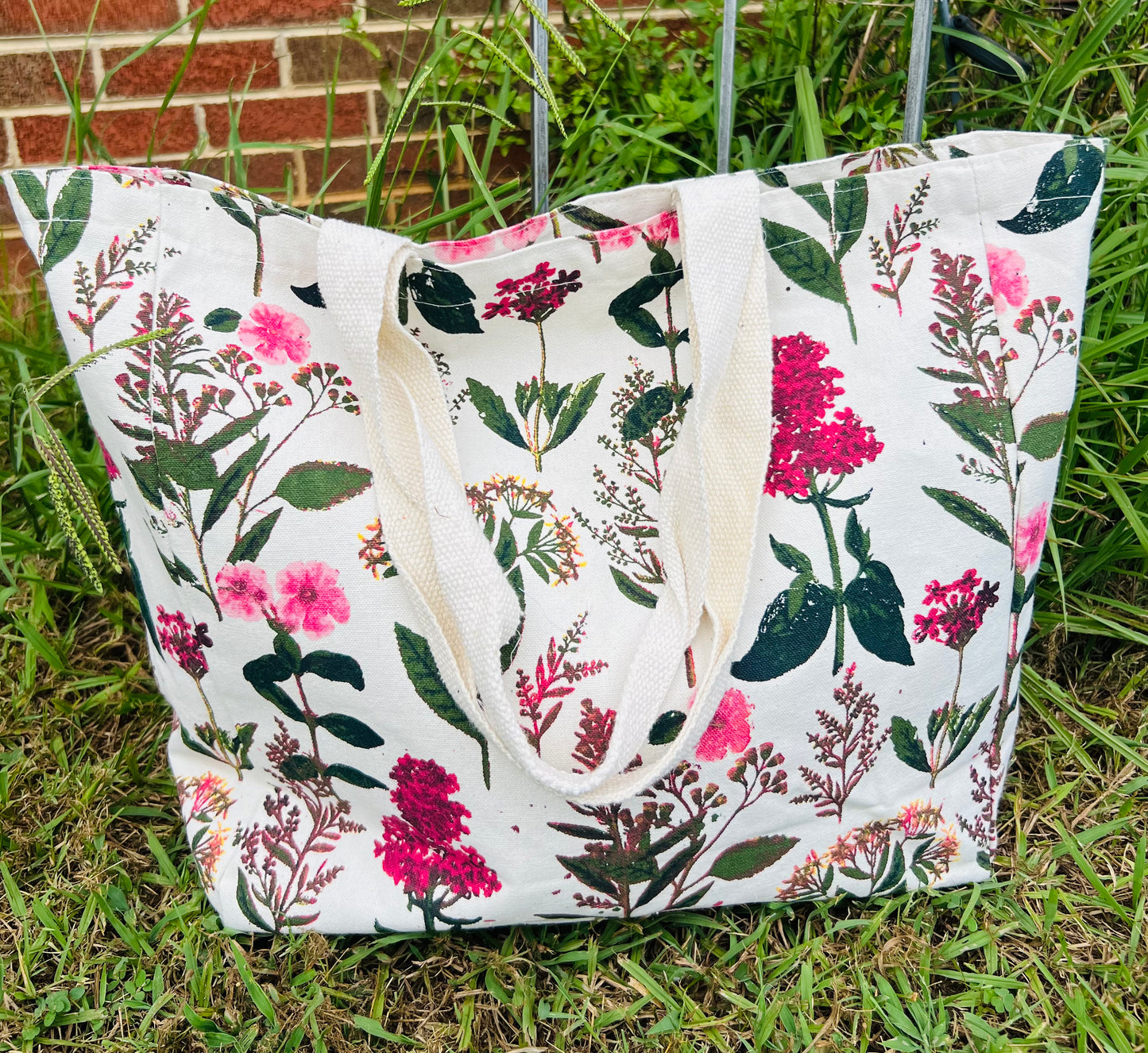 Large Floral Canvas Tote Bag – Pink and Burgundy Flowers