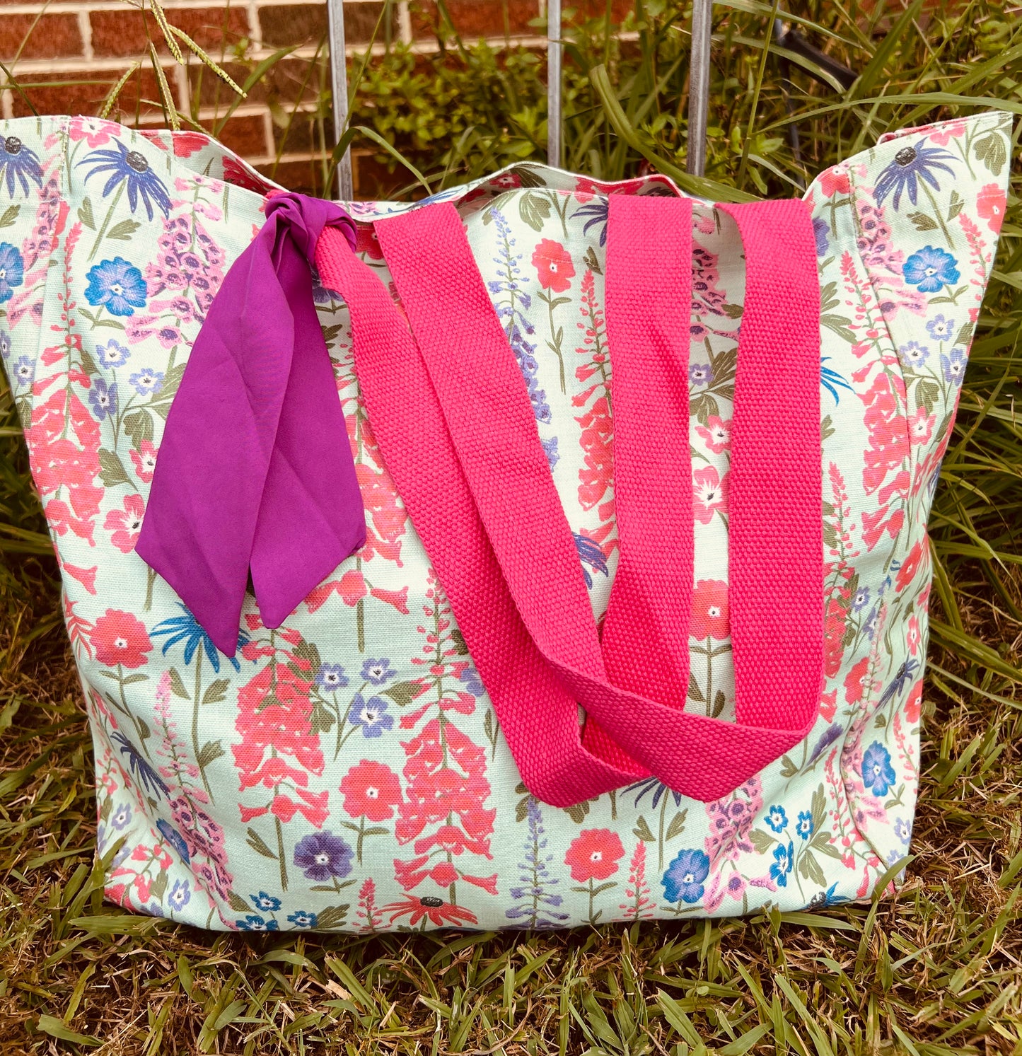 Floral Canvas Tote Bag – Pink, Purple and Blue Flowers