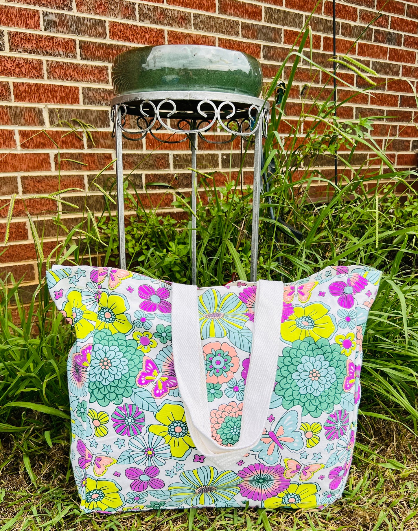 Large Multicolor Flowers and Butterflies Tote Bag