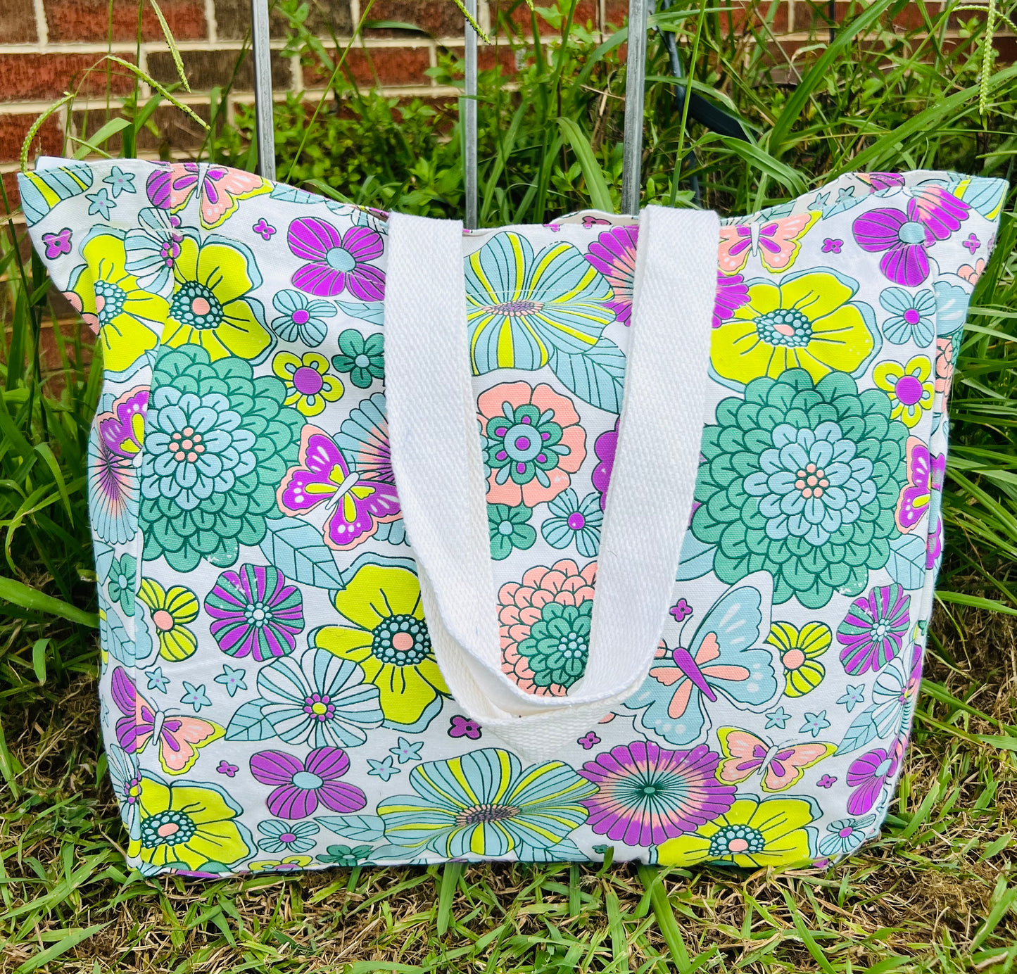 Large Multicolor Flowers and Butterflies Tote Bag