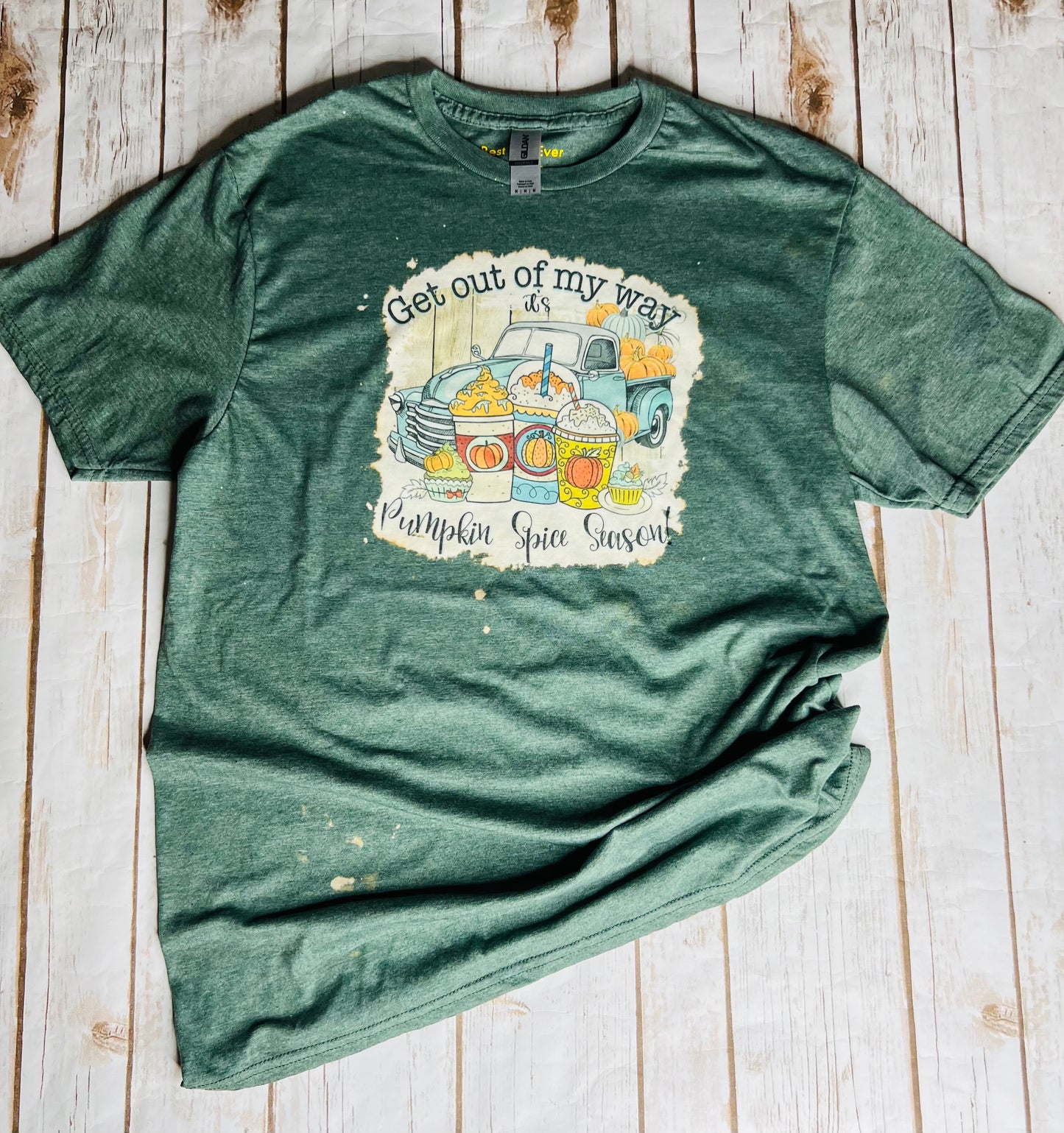 Autumn Fall Pumpkin Spice Farm Truck Short Sleeve Green T-shirt size medium