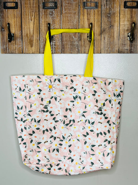 Floral Pink and White Large Canvas Tote Bag – Daisy Field