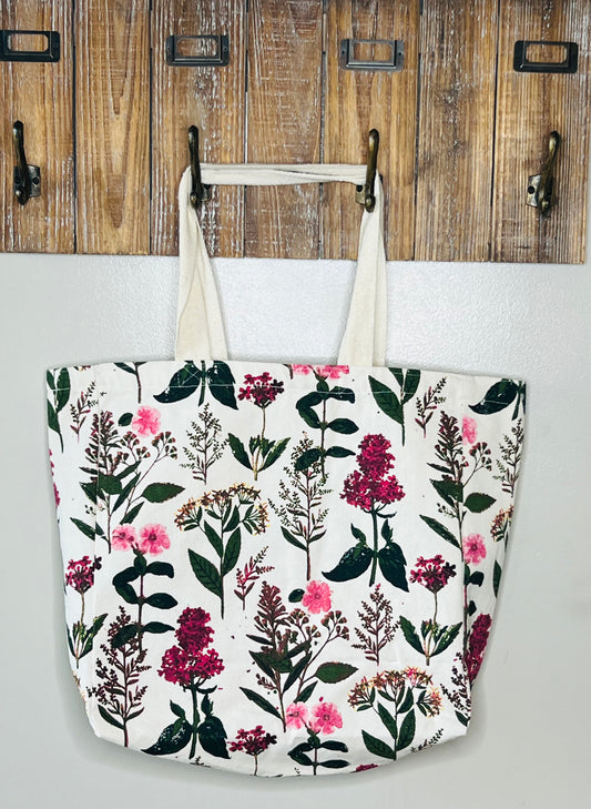 Large Floral Canvas Tote Bag – Pink and Burgundy Flowers