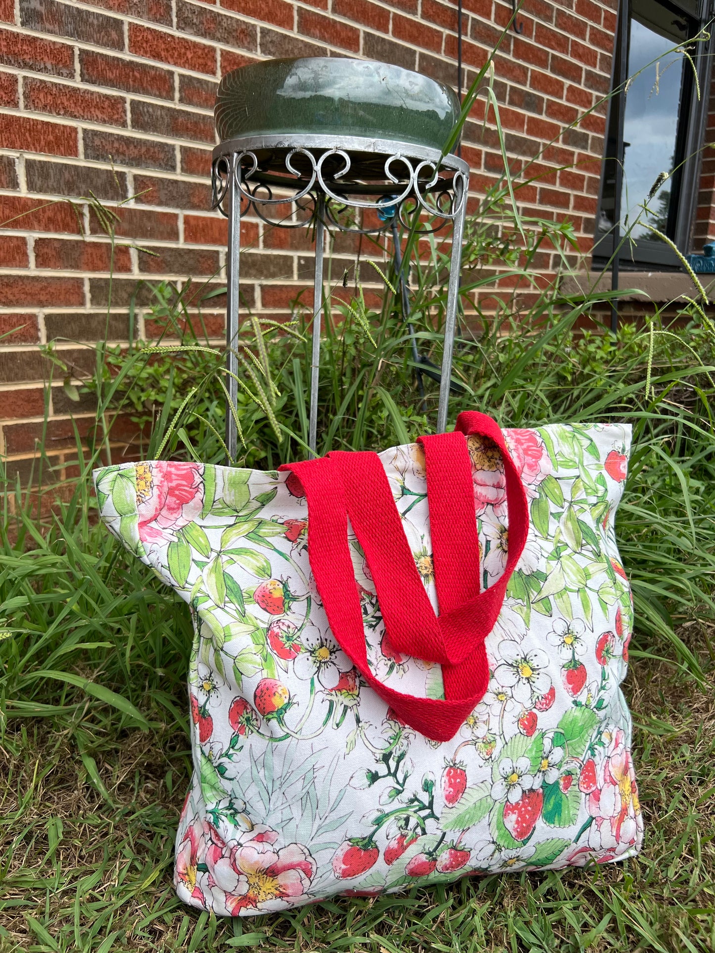 Floral Pink and Red Large Canvas Tote Bag – Strawberry Patch